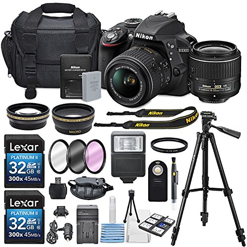 Nikon D3300 24.2MP CMOS Digital SLR Camera with AF-S DX NIKKOR 18-55mm f/3.5-5.6G VR II Lens, HD 52mm Wide Angle Lens, HD 52mm Telephoto Lens, 32GB Class10 SDHC and Accessory Kit, Black